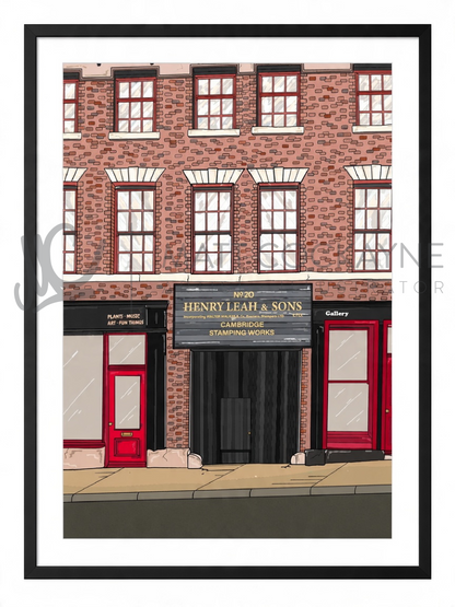 Matt Cockayne illustration of Leah's Yard on Cambridge Street, Sheffield, featuring its historic red-brick facade, Henry Leah & Sons signage and red shop doors.