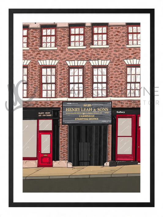 Matt Cockayne illustration of Leah's Yard on Cambridge Street, Sheffield, featuring its historic red-brick facade, Henry Leah & Sons signage and red shop doors.