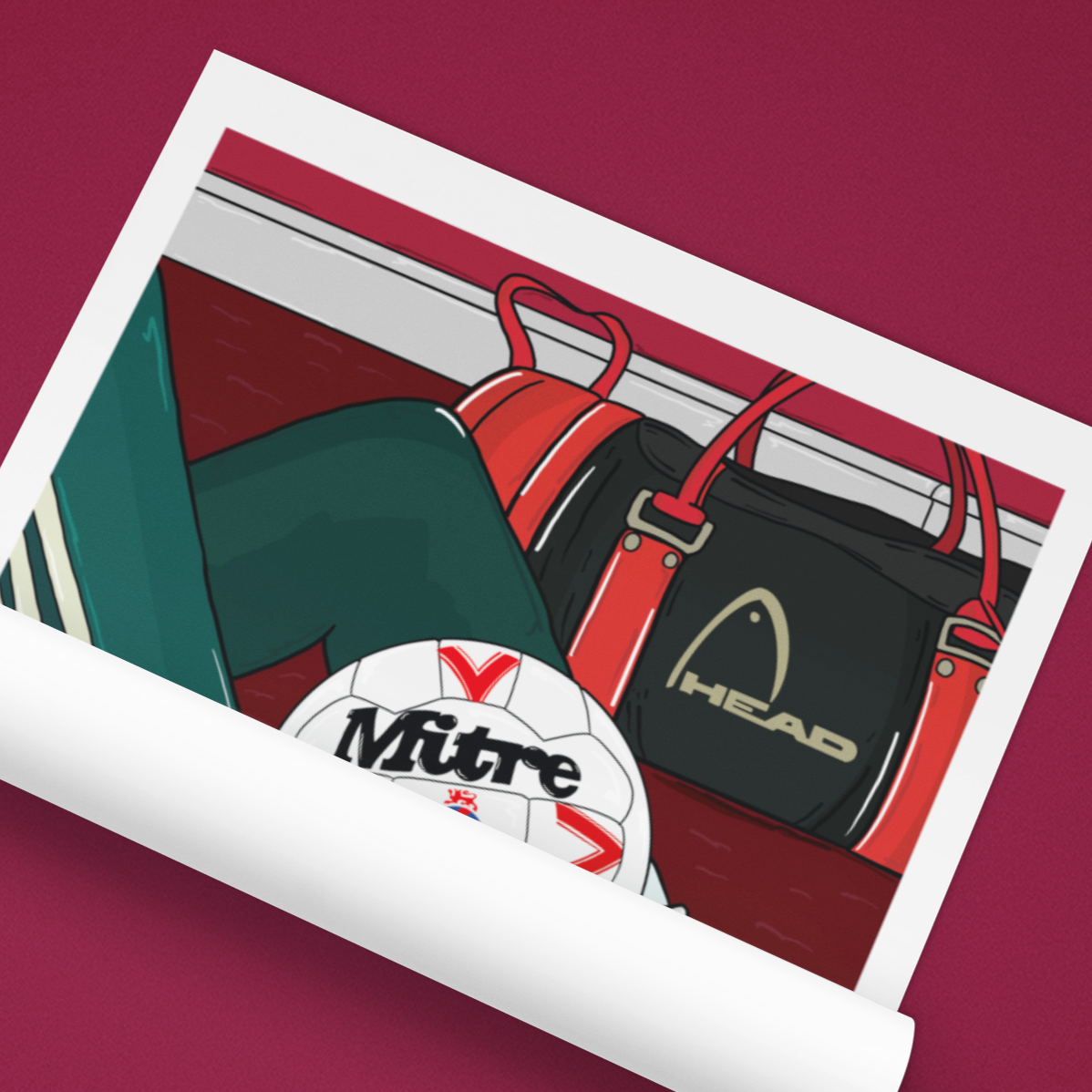Roll of paper with sports equipment illustration and Mitre logo on a purple background