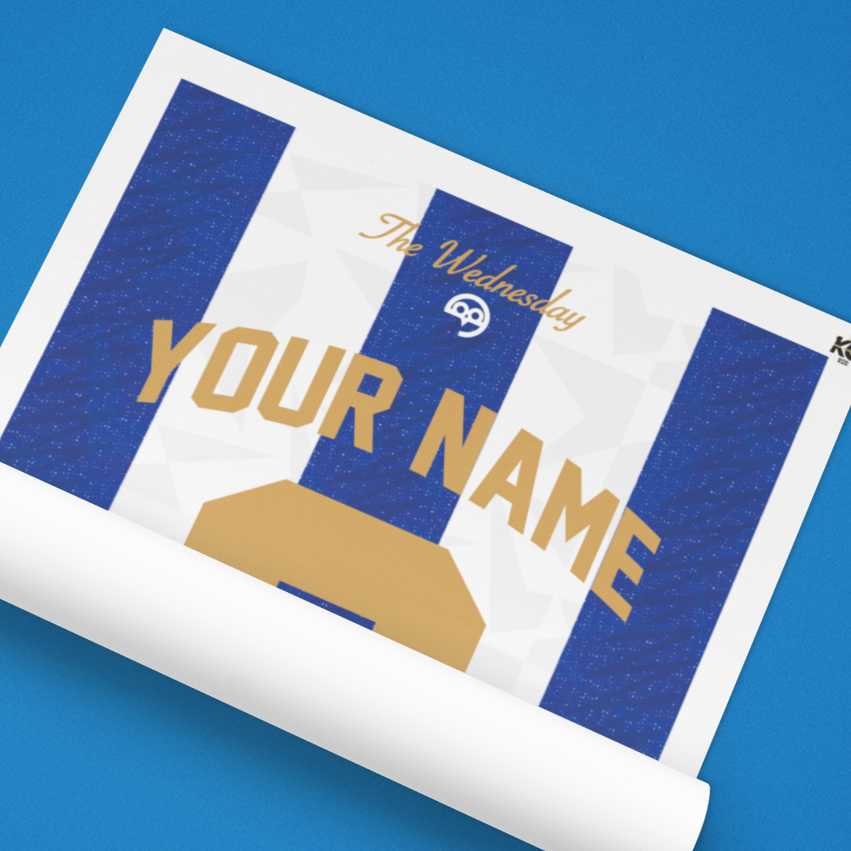 Roll-up banner with customizable text on a blue background