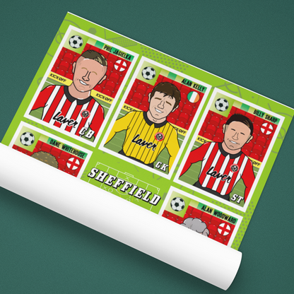 Sheet of sports trading cards with player illustrations on a green background