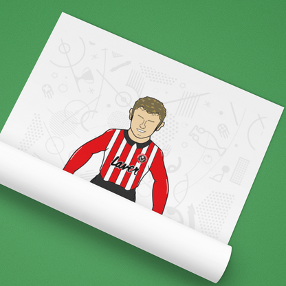 Roll of paper with a printed design of a person wearing a red and black striped shirt on a green background