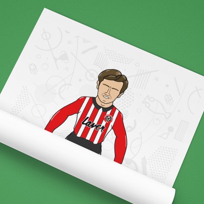 Roll of paper with a cartoon illustration of a person wearing a red and black striped shirt on a green background