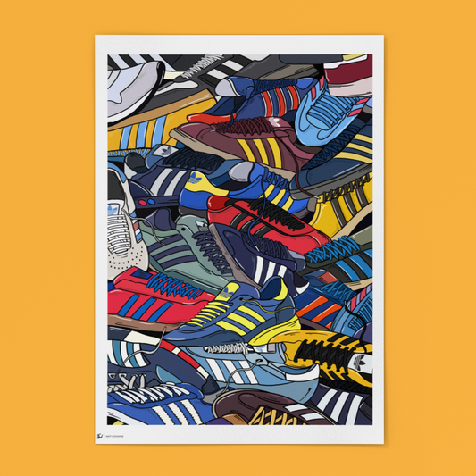 Colorful poster of various sneakers on a yellow background