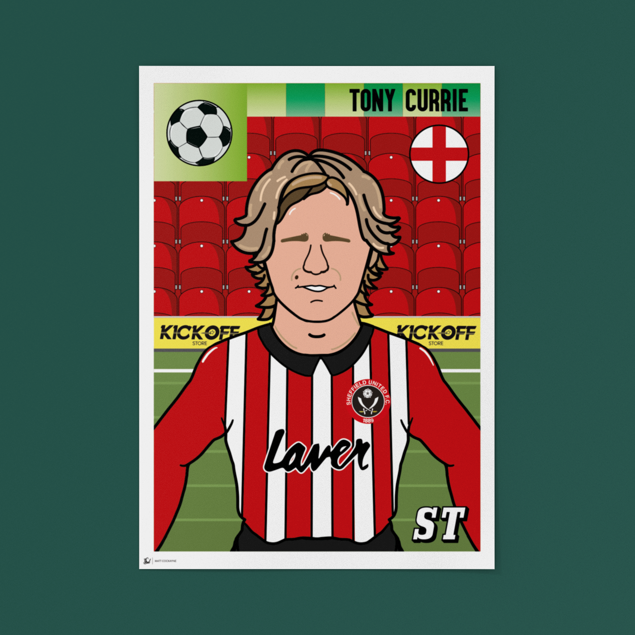 Cartoon-style illustration of a soccer player with team colors and branding on a green background