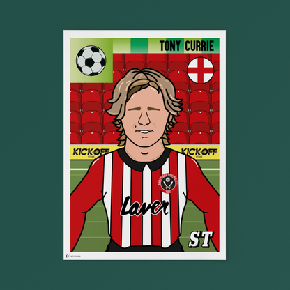 Cartoon-style illustration of a soccer player with team colors and branding on a green background