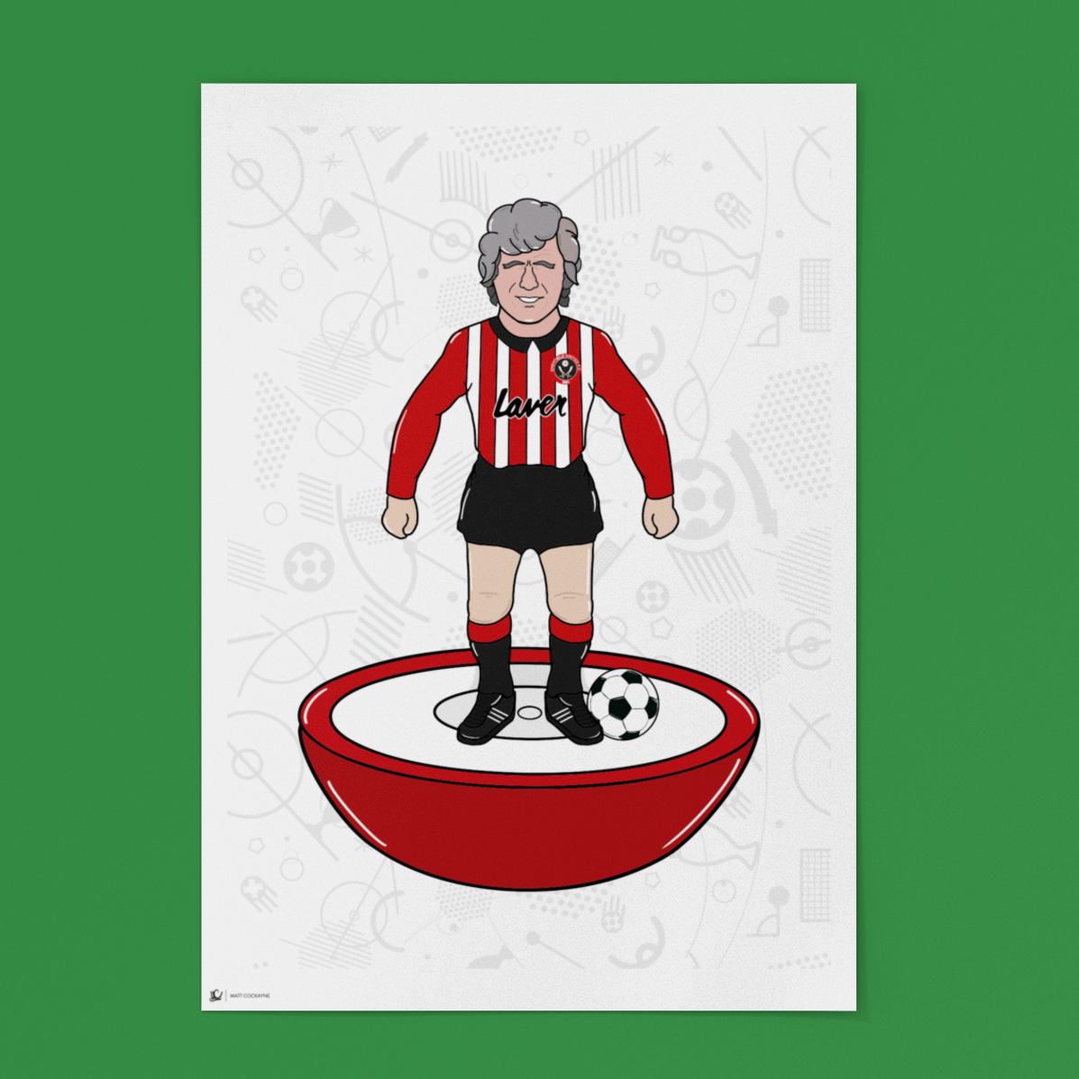 Cartoon character in a red and black striped jersey standing on a red bowl with a soccer ball on a white background.