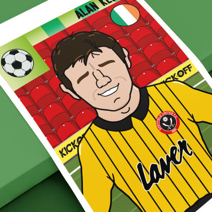 Soccer trading card with a player in a yellow jersey on a green background