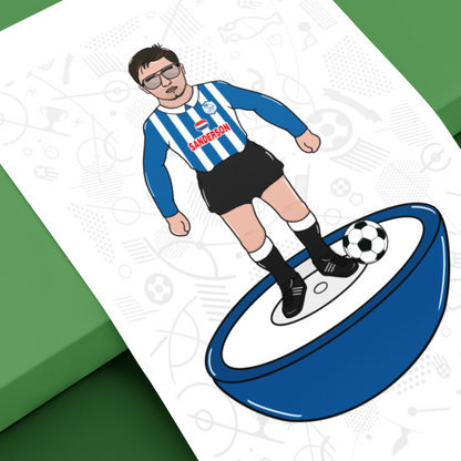 Cartoon character in a blue and white striped jersey with a soccer ball on a green background