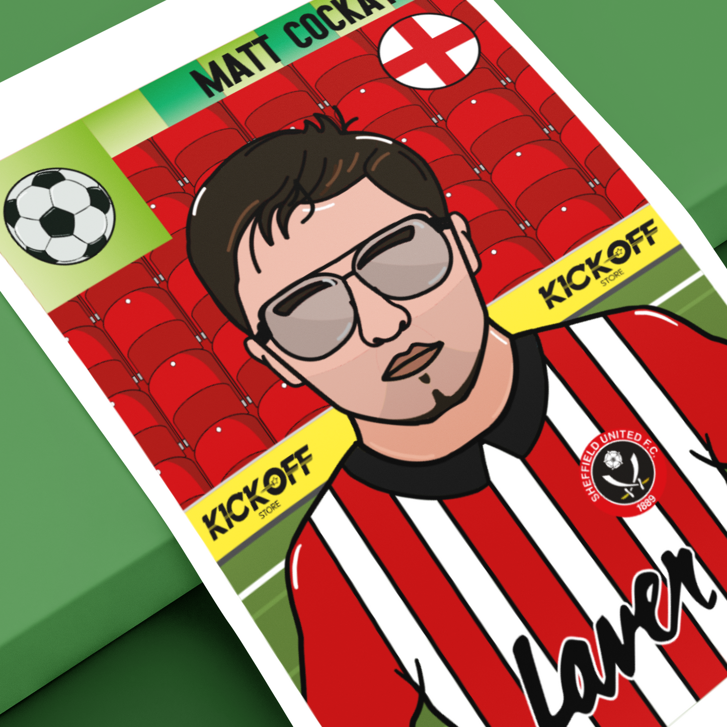 Soccer-themed trading card with a person wearing sunglasses and a red and white striped jersey on a green background.