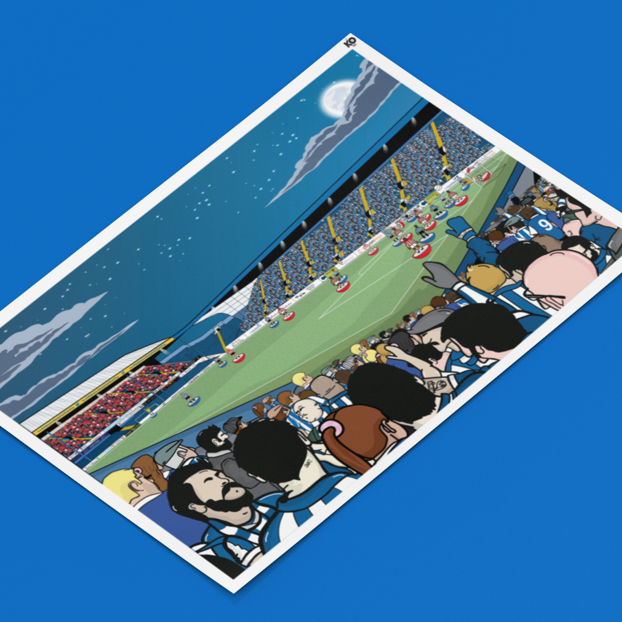 Cartoon-style illustration of a soccer match on a blue background