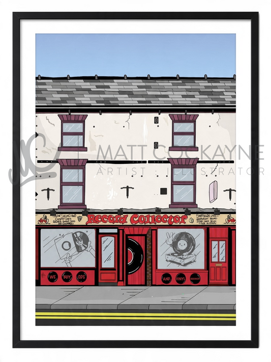 Colourful illustration of Record Collector in Broomhill, Sheffield, featuring its red shopfront, vinyl record displays and original signage, by artist Matt Cockayne.