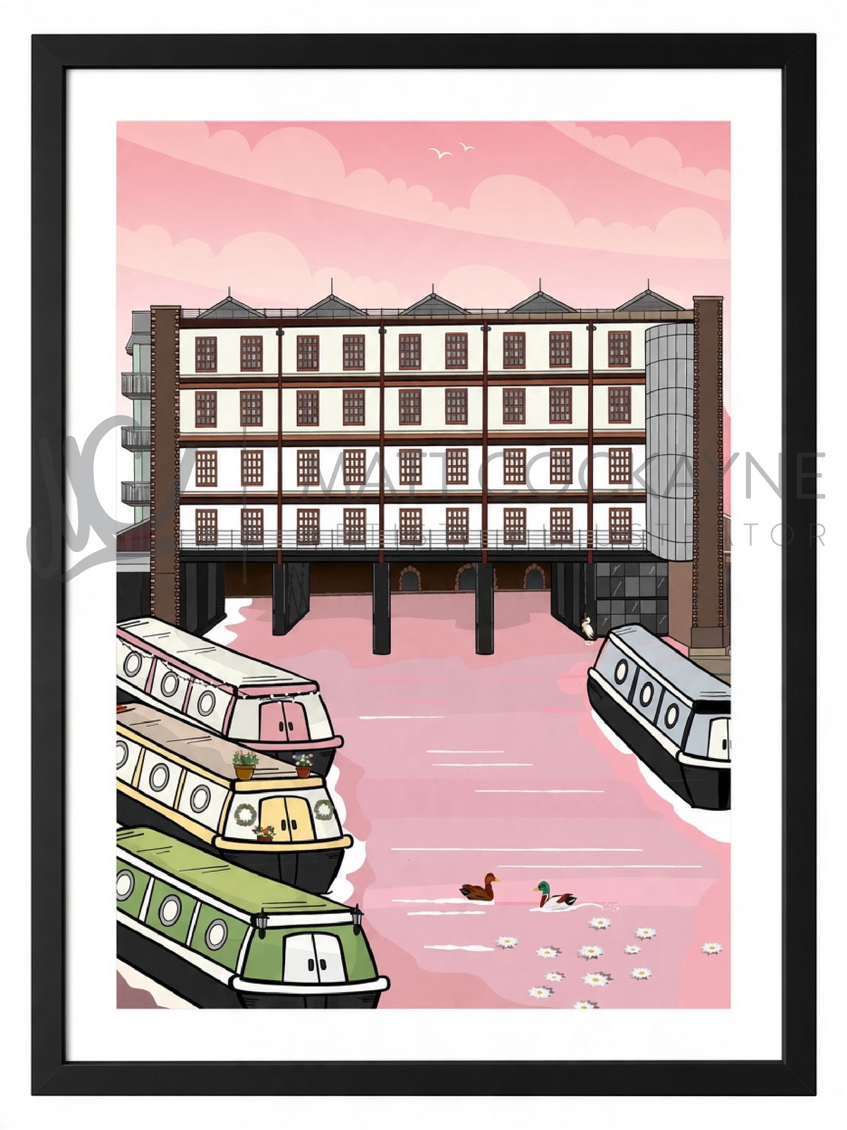 Victoria Quays Sheffield sunset illustration by Matt Cockayne, featuring colourful narrowboats, historic waterfront warehouses, ducks and a pink evening sky.