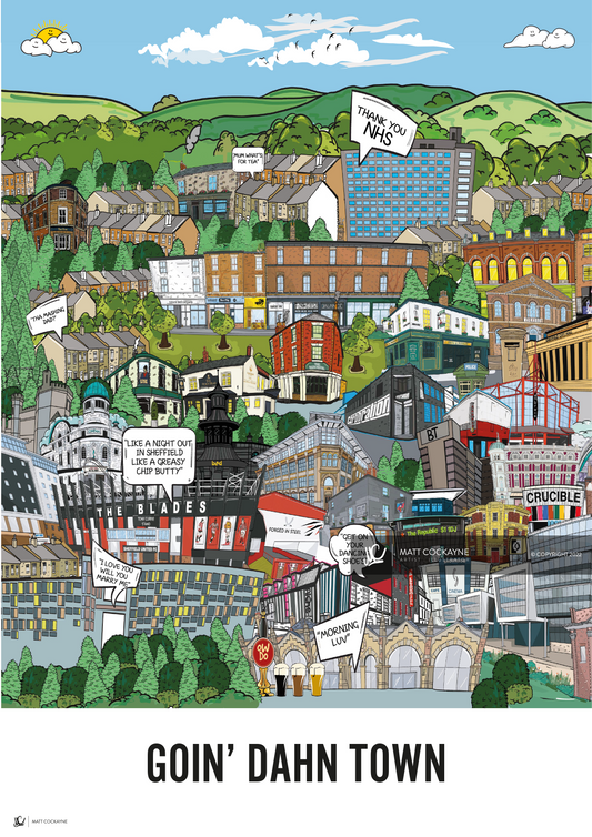 GOIN' DAHN TOWN - Sheffield Prints - Wall Art - Poster - Print -Canvas - Illustration