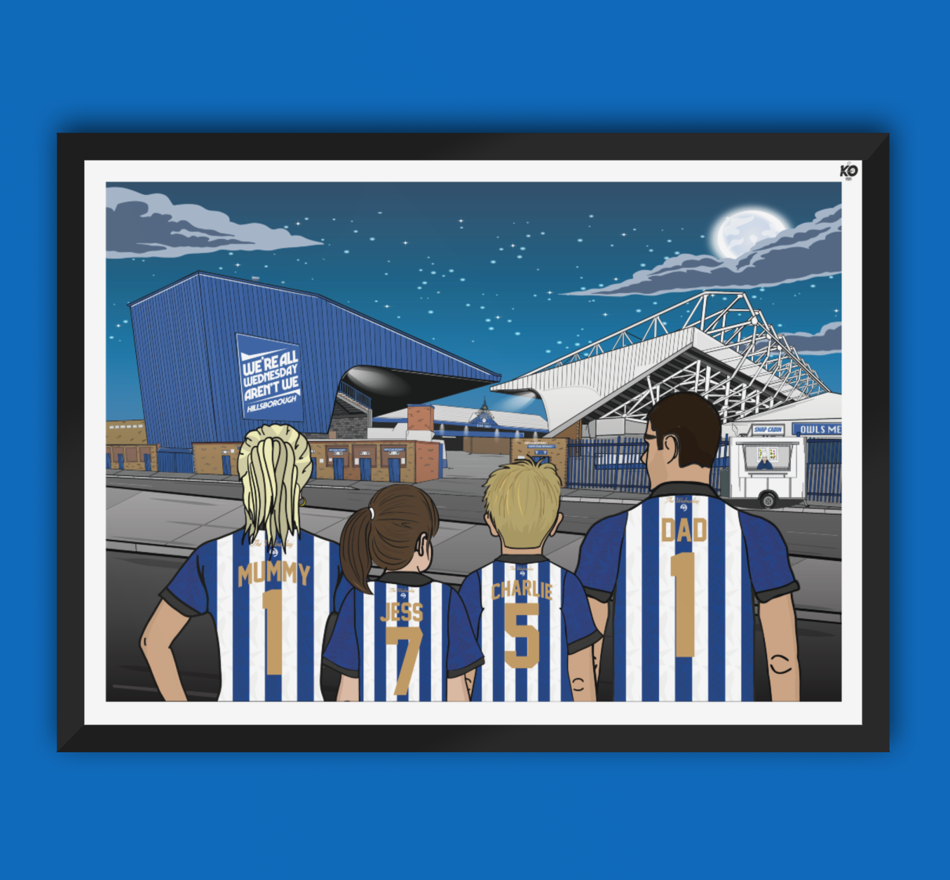 Personalised Sheffield Wednesday fc custom Family artwork - English EFL Hillsborough Football Gift Art Print wawaw Owls SWFC
