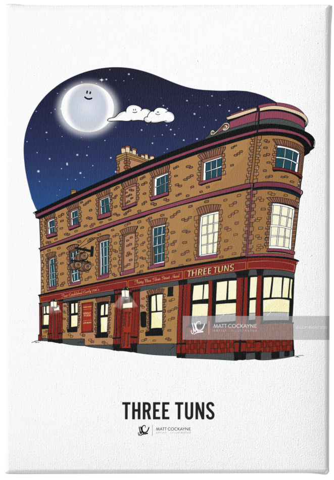 PUBS - THREE TUNS - Sheffield Prints - Wall Art - Poster - Print - Canvas - Illustration