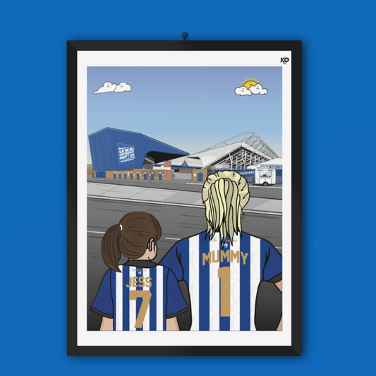 Personalised SHEFFIELD WEDNESDAY FC custom Mum & Lass artwork - 2022 kit Hillsborough Stadium Football Gift Art Print Owls wawaw swfc