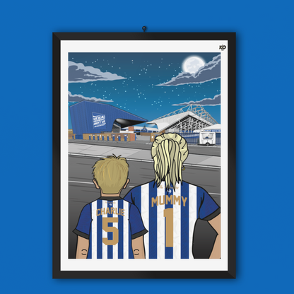 Personalised SHEFFIELD WEDNESDAY FC custom Mum and Lad artwork - 2022 kit Hillsborough Stadium Football Gift Art Print Owls wawaw swfc