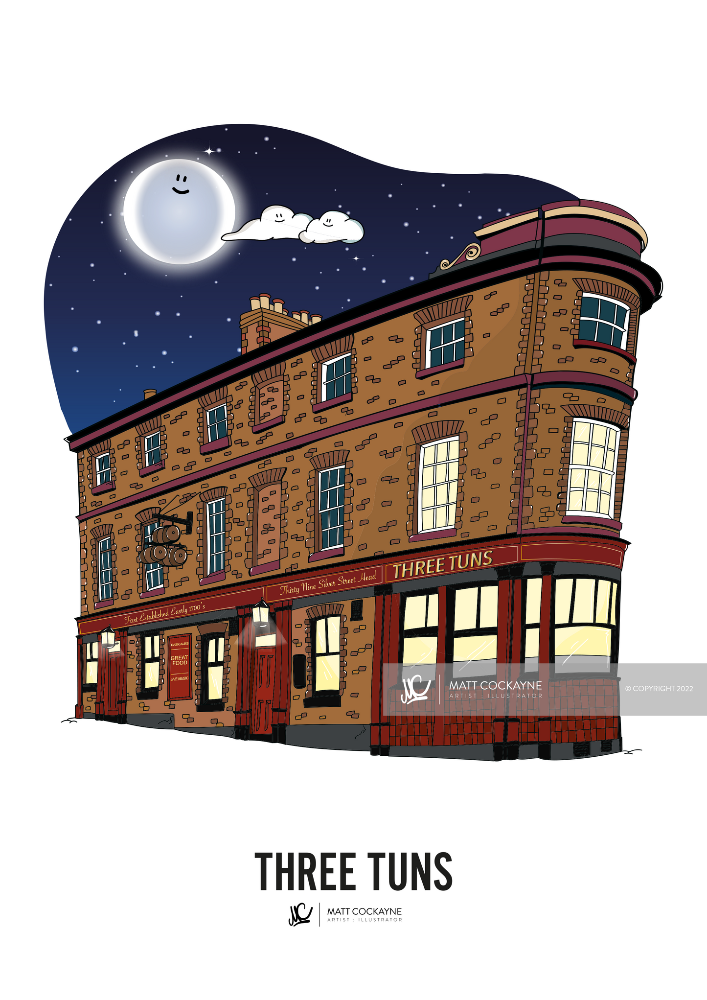 PUBS - THREE TUNS - Sheffield Prints - Wall Art - Poster - Print - Canvas - Illustration